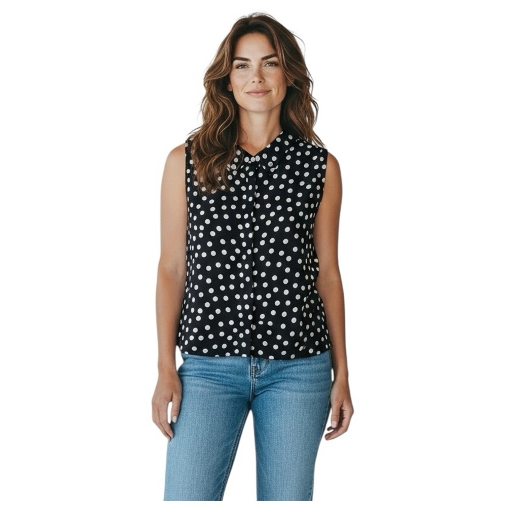 Karl Lagerfeld navy polka dot button down sleeveless corp core business chic top